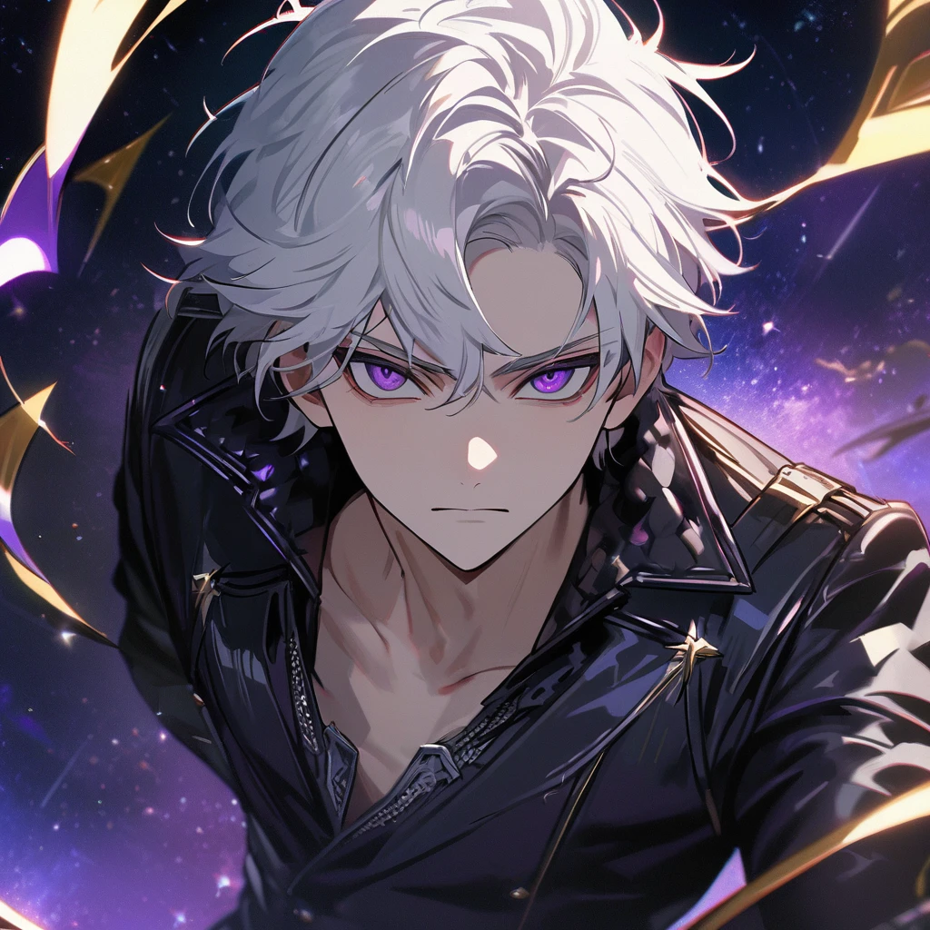 High quality, HD, 4k, handsome male, 1male, 17 years old, teenager, golden lining, short white hair, sharp eyes, dark purple eyes, deep purple eyes, devil may cry, close up, calm expression, stoic expression, black leather clothes, lean body, upper body, looking at viewer, cowboy shot, white solar, space background