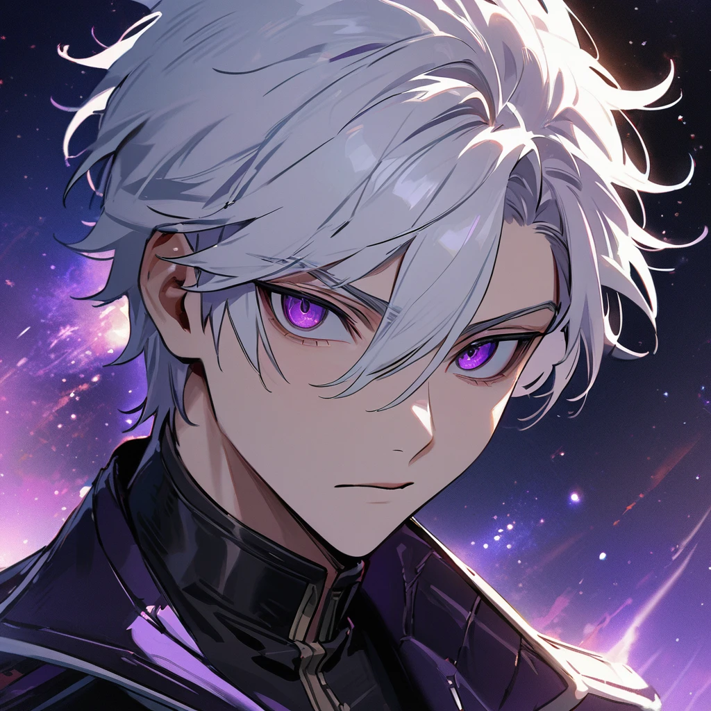 High quality, HD, 4k, handsome male, 1male, 17 years old, teenager, golden lining, short white hair, sharp eyes, dark purple eyes, deep purple eyes, devil may cry, close up, calm expression, stoic expression, black leather clothes, lean body, upper body, looking at viewer, cowboy shot, white solar, space background