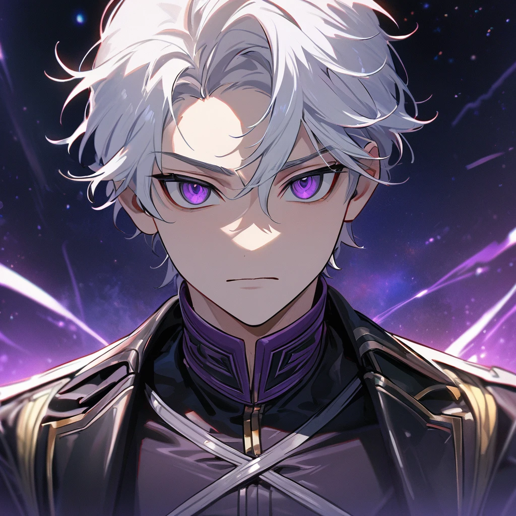 High quality, HD, 4k, handsome male, 1male, , teenager, golden lining, short white hair, sharp eyes, dark purple eyes, deep purple eyes, devil may cry, close up, calm expression, stoic expression, black leather clothes, lean body, upper body, looking at viewer, cowboy shot, white solar, space background