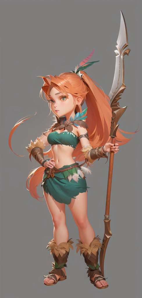 Close-up shot of cartoon girl in feather costume,，Happy forest hunter lady holding primitive weapon spear, Exquisite facial features，Big-eyed, long-haired lady looking straight at the audience， realistic character concept, Whole body concept, April Rendering, detailed Whole body concept, Female characters, Ultra-detailed fantasy characters, detailed Whole body concept art, Full body portrait, tribal girl, Character posing in concept art, unrealistic character concept, Full body portrait, 3D Game Style