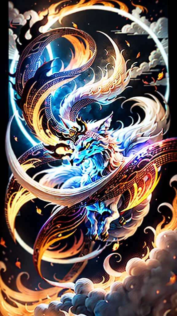 White nine-tailed fox, Chinese mythology, kitsune, Iris,  Peach Blossom Forest, Spectacular Clouds, Fantasy, mystery, --AR 3:4