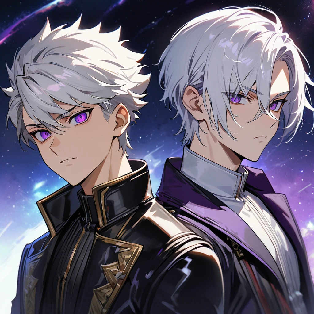 High quality, HD, 4k, handsome male, 1male, 17 years old, teenager, golden lining, short white hair, sharp eyes, dark purple eyes, deep purple eyes, devil may cry, close up, calm expression, stoic expression, black leather clothes, lean body, upper body, looking at viewer, cowboy shot, white solar, space background