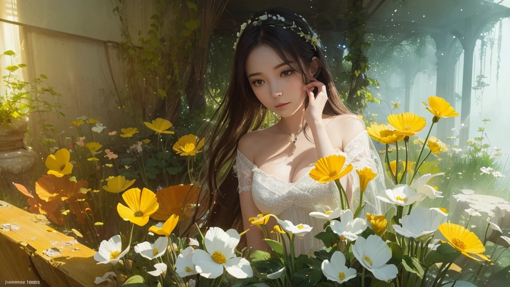 32k, Masterpiece, highest quality, One girl, Detailed eyes, flower,Sandersonia, Yellow and white style,A dreamy, romantic piece,Pale orange, Mysterious Leaves,A playful arrangement,Fantasy,High Contrast,Ink strokes,explosion,Exposure, Impression of yellow and white tones,Abstract,((Watercolours by John Berkey and Jeremy Mann )) Brush strokes,Negative Space, Tyndall effect,