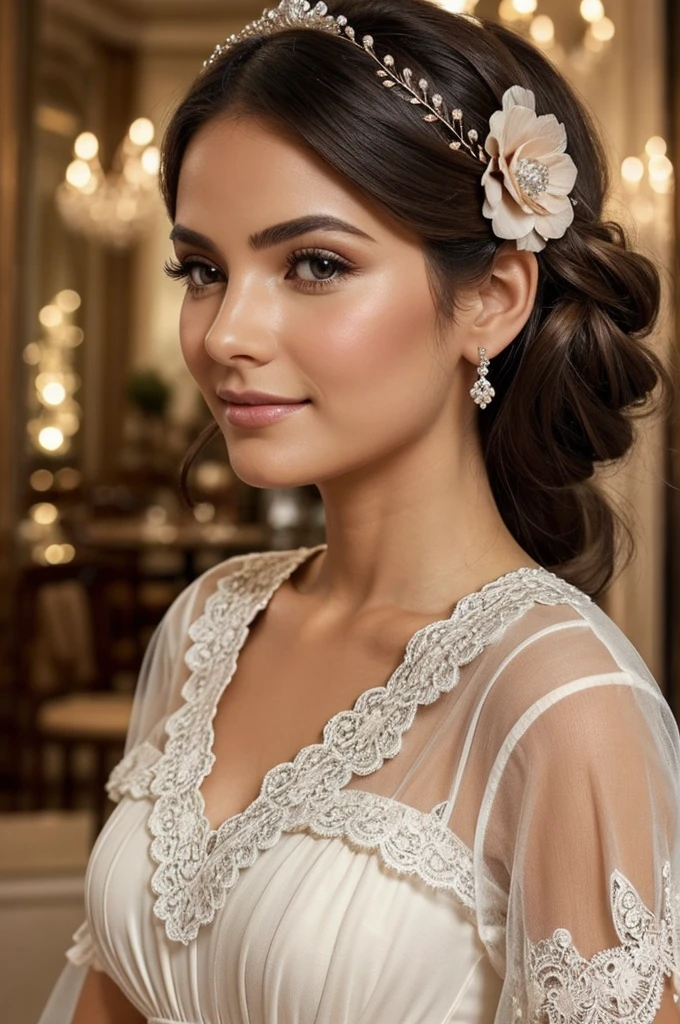 Face and Expression:An avocado. Big, bright eyes with long eyelashes..Una sonrisa coqueta con labios ligeramente arqueados.A touch of blush on the cheeks to give an appearance of shyness or flirtation.Ropa:Un vestido elegante pero simple, maybe with ruffles or lace.Accesorios como una cinta o diadema en el cabello.Joyas discretas pero elegantes, como unos pendientes de perlas o un collar fino.Peinado:Un peinado cuidado, como ondas suaves o un recogido elegante.Flowers or small decorations in the hair for an additional touch.Fondo:An environment that reflects a chic atmosphere, like a parisian cafe, a garden with flowers, o un interior bien decorado.