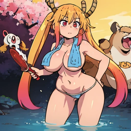 Tohru, ojos detallado, pechos grandes rebotando, cuerpo completo, pezones ricos, Towel over breasts