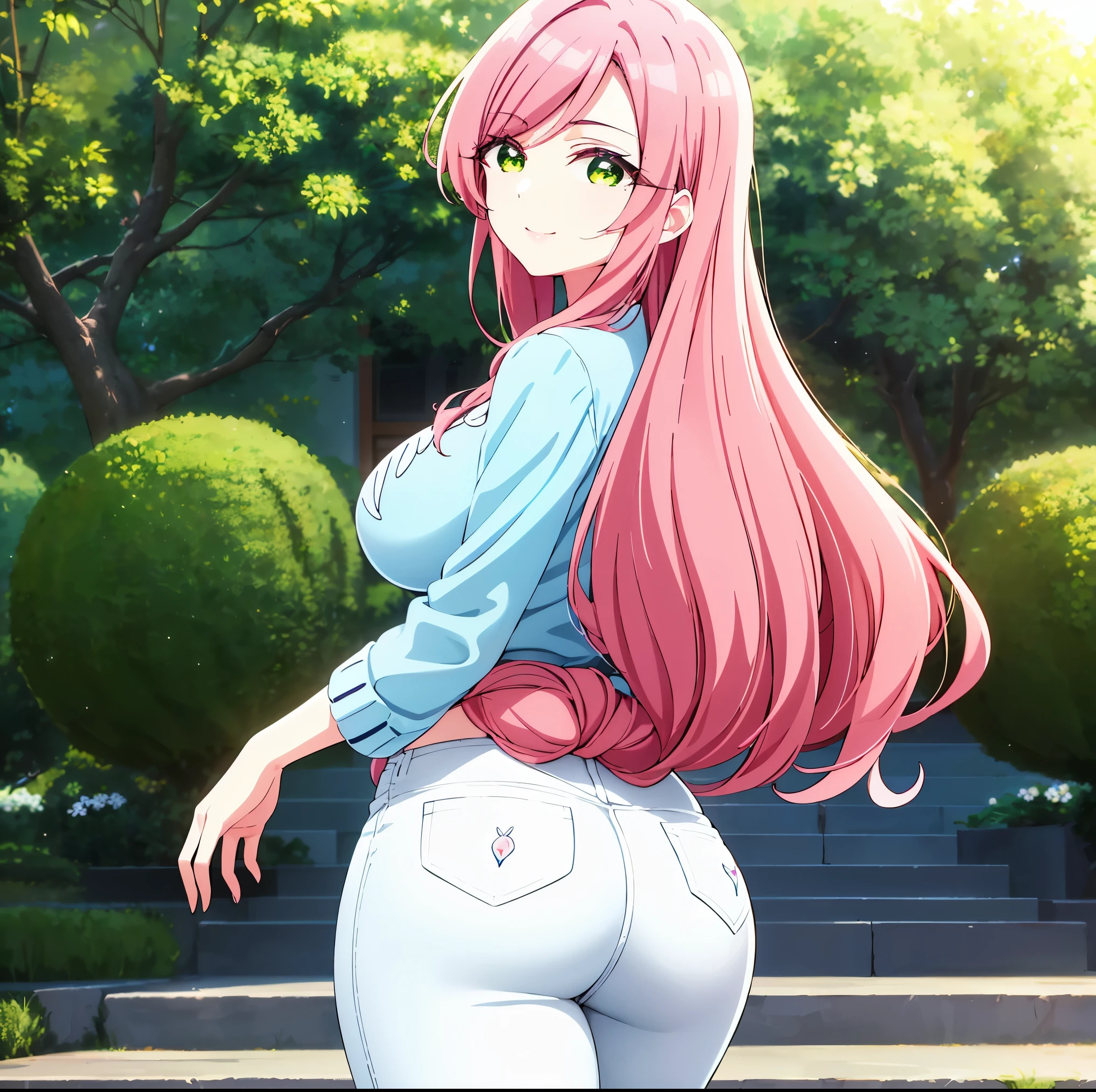 1 girl, alone, hahari hanazono, long hair, bangs, (green eyes: 1.2), pink hair, flower, hair flower, smile, (pink blouse), white floral print, bare waist, tight blue jeans, outdoors, city, walking, from behind looking at viewer, pov(from below), masterpiece: 1.2), best Quality, high resolution, Unity 8k wallpaper, (artwork: 0.8), green eyes (beautiful detailed eyes: 1.6), extremely detailed face, perfect lighting, extremely detailed CG (perfect hands, perfect anatomy), large breasts, medium waist. , wide hips, medium thighs, round butt