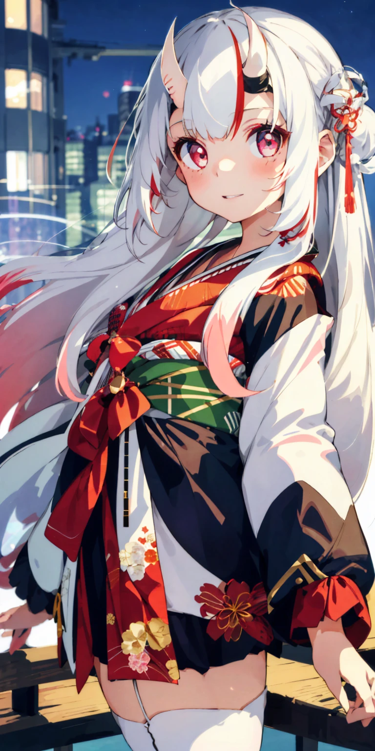 One girl, Beautiful fine details, Long white hair, eyes are a little red, , White knee-high socks, kimono、White kimono、Shiny skin, city, night, High Contrast, ((masterpiece, highest quality))