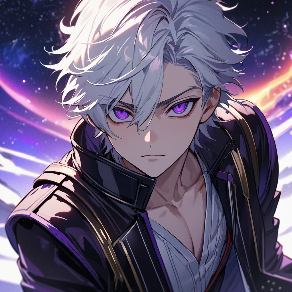 High quality, HD, 4k, handsome male, 1male, 17 years old, teenager, golden lining, short white hair, sharp eyes, dark purple eyes, deep purple eyes, devil may cry, close up, calm expression, stoic expression, black leather clothes, lean body, upper body, looking at viewer, cowboy shot, white solar, space background