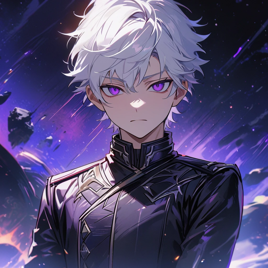 High quality, HD, 4k, handsome male, 1male, , teenager, go lining, short white hair, sharp eyes, dark purple eyes, deep purple eyes, devil may cry, close up, calm expression, stoic expression, black leather clothes, lean body, upper body, looking at viewer, cowboy shot, white solar, space background