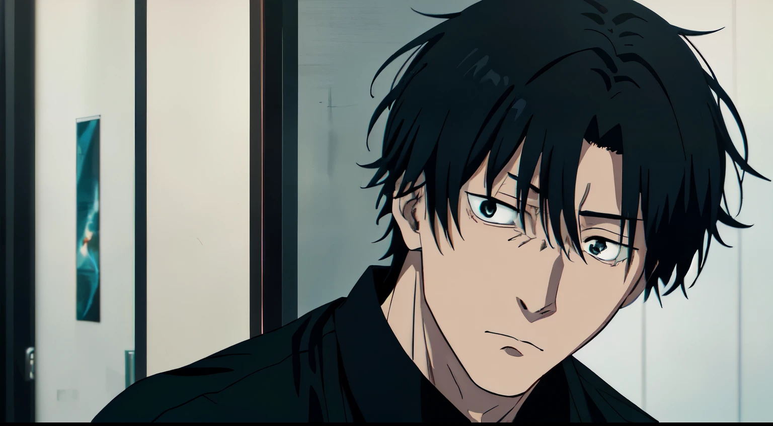 a man, still from tv anime, jujutsu kaisen, black haired man wearing black outfit, anime visual of a man, close up toji fushiguro, anime still film anime shikishi, today's featured anime still, close up of toji fushiguro, anime still image, official anime still