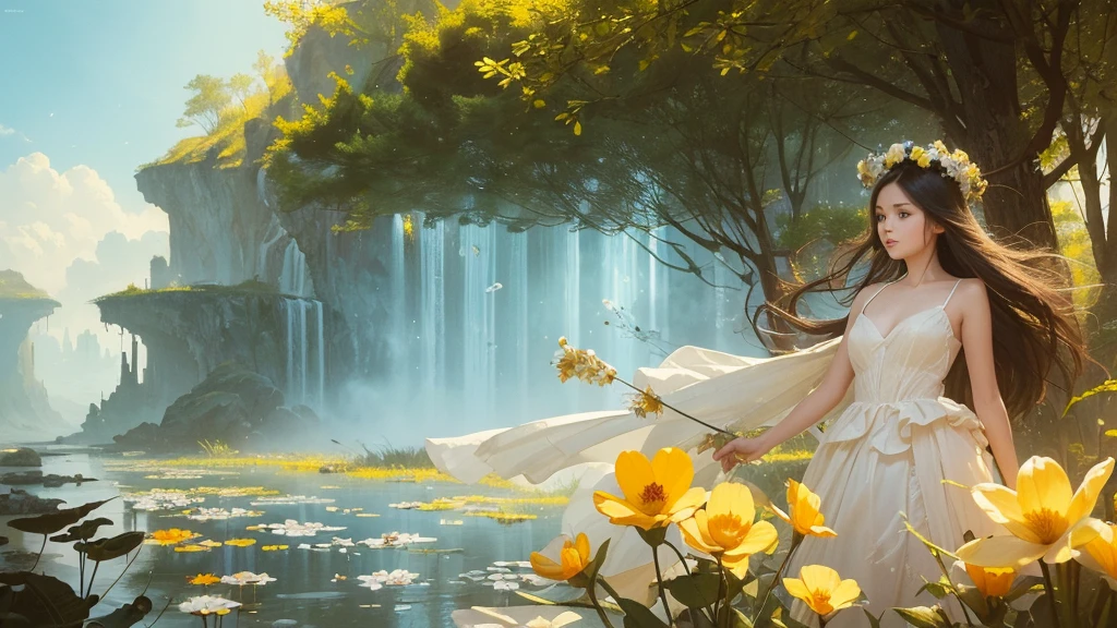 32k, Masterpiece, highest quality, One girl, Detailed eyes, flower,Sandersonia, Yellow and white style,A dreamy, romantic piece,Pale orange, Mysterious Leaves,A playful arrangement,Fantasy,High Contrast,Ink strokes,explosion,Exposure, Impression of yellow and white tones,Abstract,((Watercolours by John Berkey and Jeremy Mann )) Brush strokes,Negative Space, Tyndall effect,