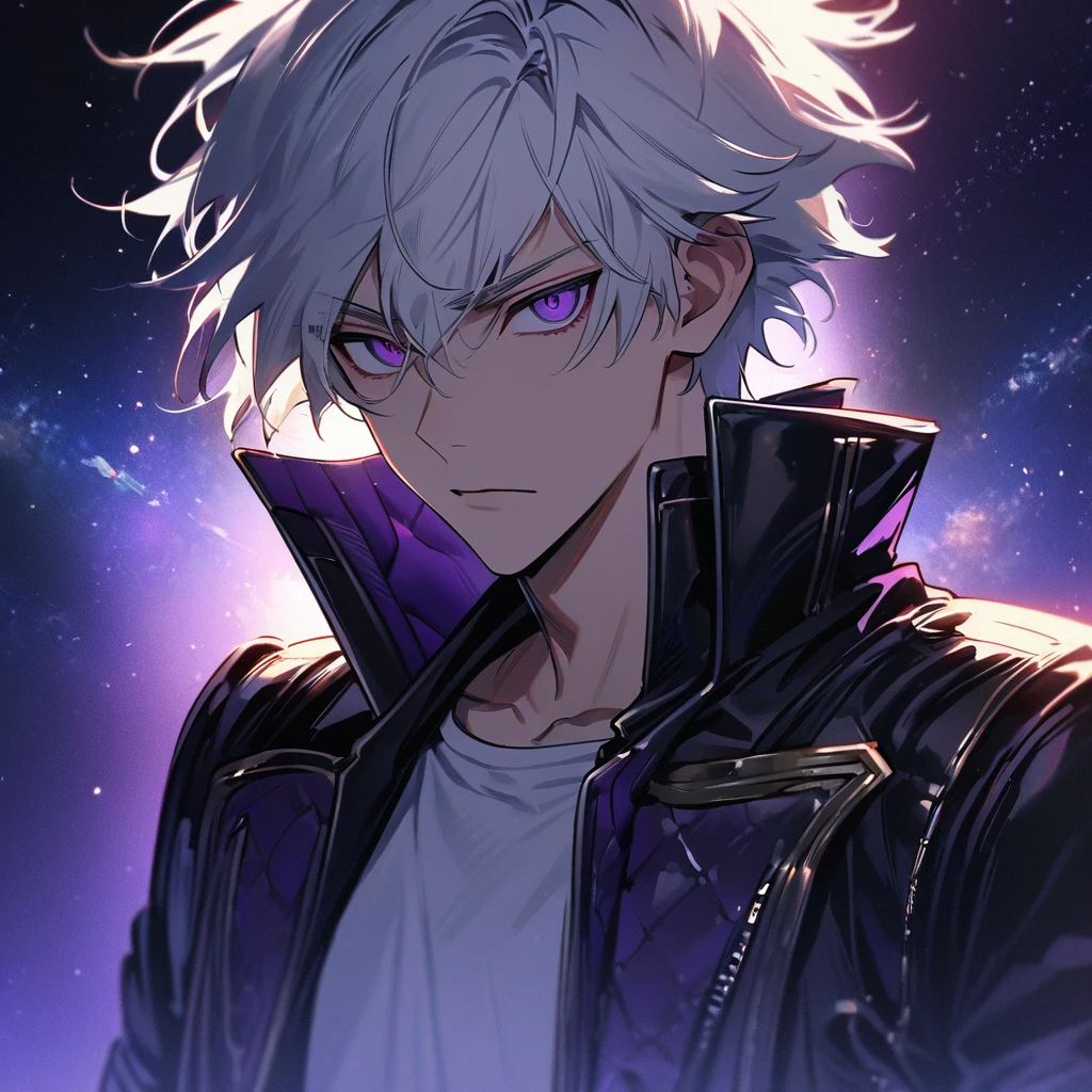 High quality, HD, 4k, handsome male, 1male, 17 years old, teenager, golden lining, short white hair, sharp eyes, dark purple eyes, deep purple eyes, devil may cry, close up, calm expression, stoic expression, black leather clothes, lean body, upper body, looking at viewer, cowboy shot, white solar, space background