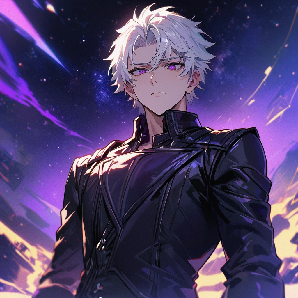 High quality, HD, 4k, handsome male, 1male, 17 years old, teenager, golden lining, short white hair, sharp eyes, dark purple eyes, deep purple eyes, devil may cry, close up, calm expression, stoic expression, black leather clothes, lean body, upper body, looking at viewer, cowboy shot, white solar, space background