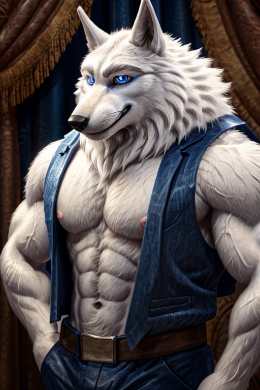 Wolf,male,aldult,Solitary,4K,Best quality,,Looking at the audience,White fur,Slim body,slim body,Upper body exposed,Bare chest,Chest muscles,Pink nipples, Six-pack abs, Biceps, Anatomically correct,pride,Soft shadows,Majestic,Detailed face,High quality eyes,blue eyes,eyes shining,Sharp eyes,Grandiose,brave,Confident smile,Strong,Mature,black band,Vest