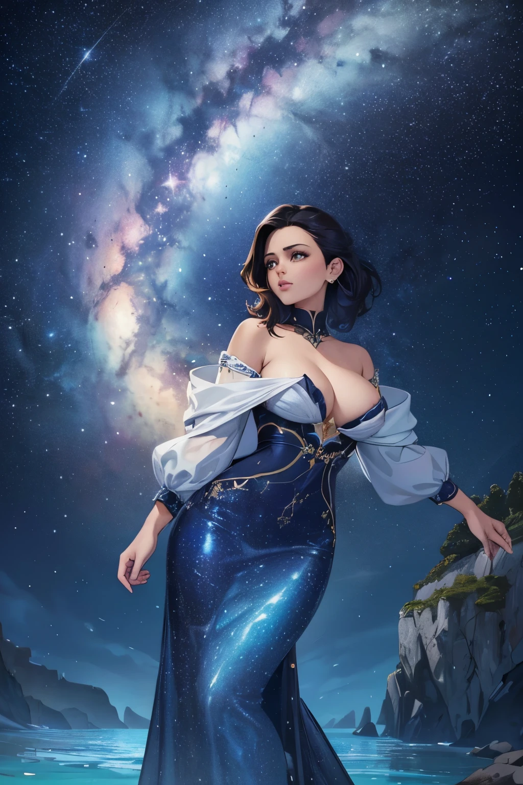 Piezas maestras、Calidad superior、Calidad de imagen superior、La calidad 8k、Beautiful images of the starry sky.、magnifica、Arched Milky Way:1.9、Mujer sexy sentada en la playa mirando el cielo estrellado