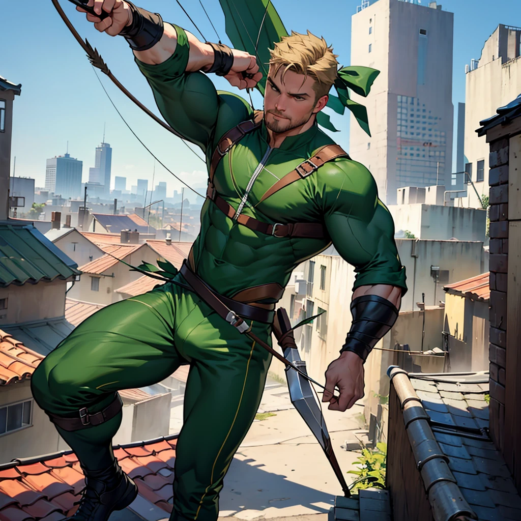 In movement ,in action , 8k, high quality , very well detailed face , detailed fingers ,detailed muscles, detailed background,  stephen amell as green arrow , wearing dark green outfit, showing a dark blond short hair WITH FADE AWAY , a well groomed facial hair , a bulge ,hunk and handsome, using his bow and arrow , aiming with his bow and arrow toward the ennemy,in action , jumping from roof to roof , in the air  , with the quiver on his back full of arrows, background cityscape at DAY LIGHT 