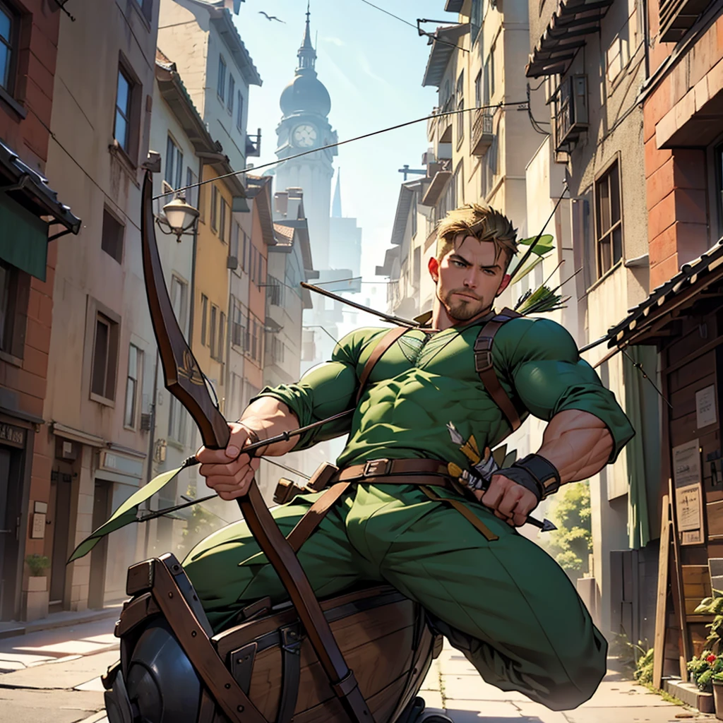 In movement ,in action , 8k, high quality , very well detailed face , detailed fingers ,detailed muscles, detailed background, stephen amell as green arrow , wearing dark green outfit, showing a dark blond short hair WITH FADE AWAY , a well groomed facial hair , a bulge ,hunk and handsome, using his bow and arrow , aiming with his bow and arrow toward the ennemy,in action , jumping from roof to roof , in the air , with the quiver on his back full of arrows, background cityscape at DAY LIGHT