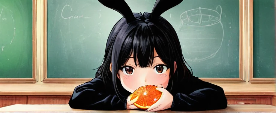 Black Bunny Grapefruit on Face sitting at Table on School 