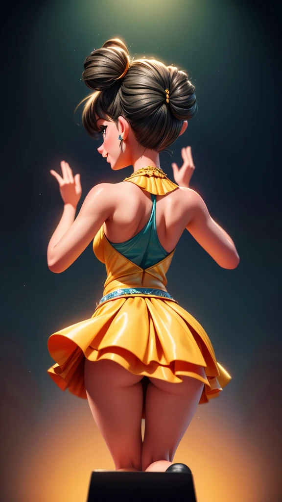 Back view, A beautiful idol on stage, gracefully bowing to the audience, her short skirt fluttering, detailed eyes and face, long eyelashes, charming smile, complex lighting, vibrant colors, dynamic pose, intricate details, award-winning digital art, highly detailed, photorealistic, 8k, best quality, masterpiece