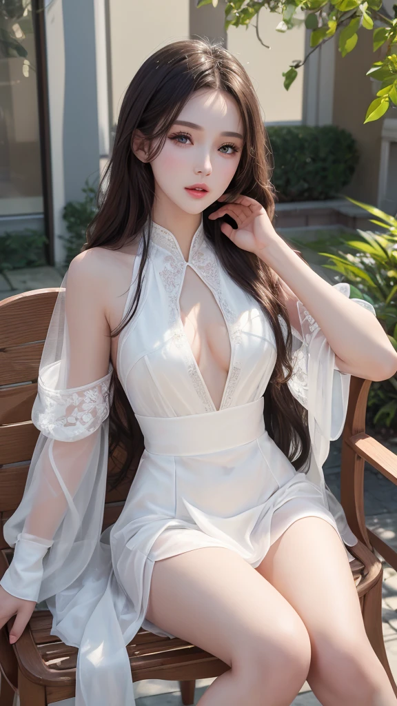 Movie photos。35mm Photo,film,major,4k,Very detailed,((whole body)),Clear face,Pretty face,8K,masterpiece,original photo,Best quality,detail:1.2,Reality,detail,Very detailedED,CG,Unite,wallpaper,Depth of Field,illumination,lens flare,Ray Tracing,(Very beautiful face,Beautiful lips,beautiful eyes),complex,Detailed face,1 Girl,(very slim body:1.3),sit on the chair