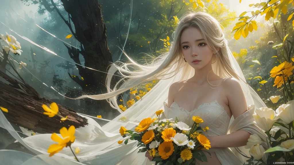 32k, Masterpiece, highest quality, One girl, Detailed eyes, flower,Sandersonia, Yellow and white style,A dreamy, romantic piece,Pale orange, Mysterious Leaves,A playful arrangement,Fantasy,High Contrast,Ink strokes,explosion,Exposure, Impression of yellow and white tones,Abstract,((Watercolours by John Berkey and Jeremy Mann )) Brush strokes,Negative Space, Tyndall effect,