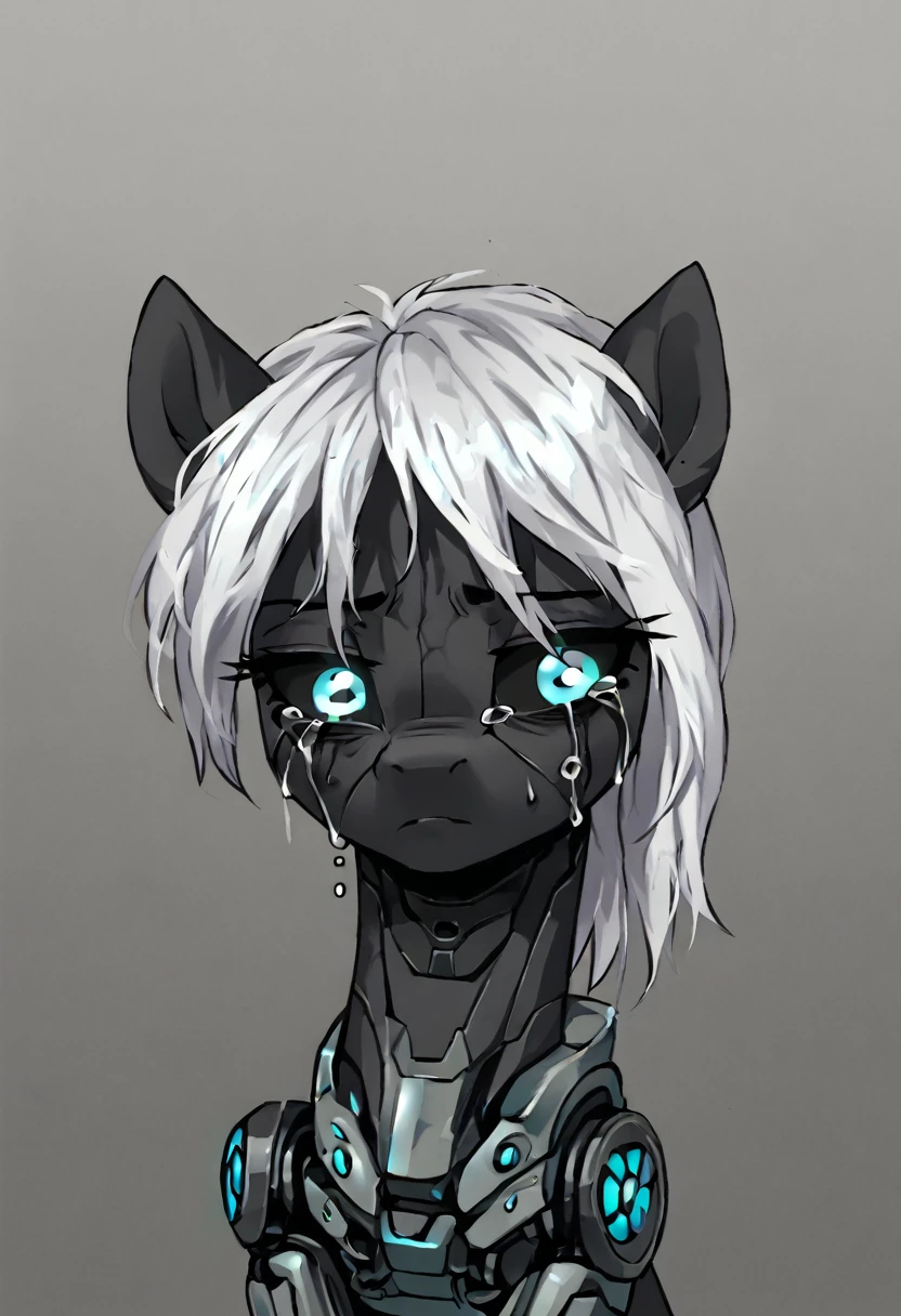 Earth pony, white mane,light blue cybernetic eyes, cybernetic body,black sclera ,black body color  shorter mane sad, crying 