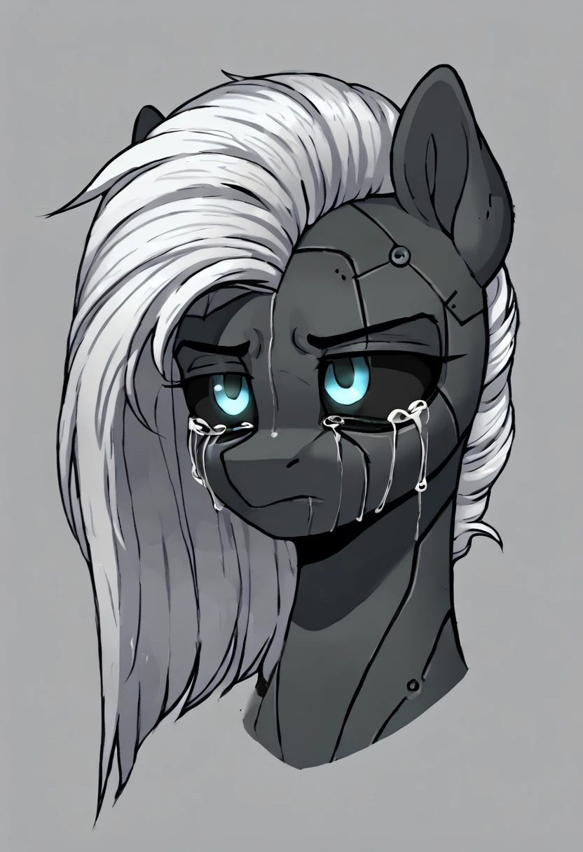 Earth pony, white mane,light blue cybernetic eyes, cybernetic body,black sclera ,black body color  shorter mane sad, crying 