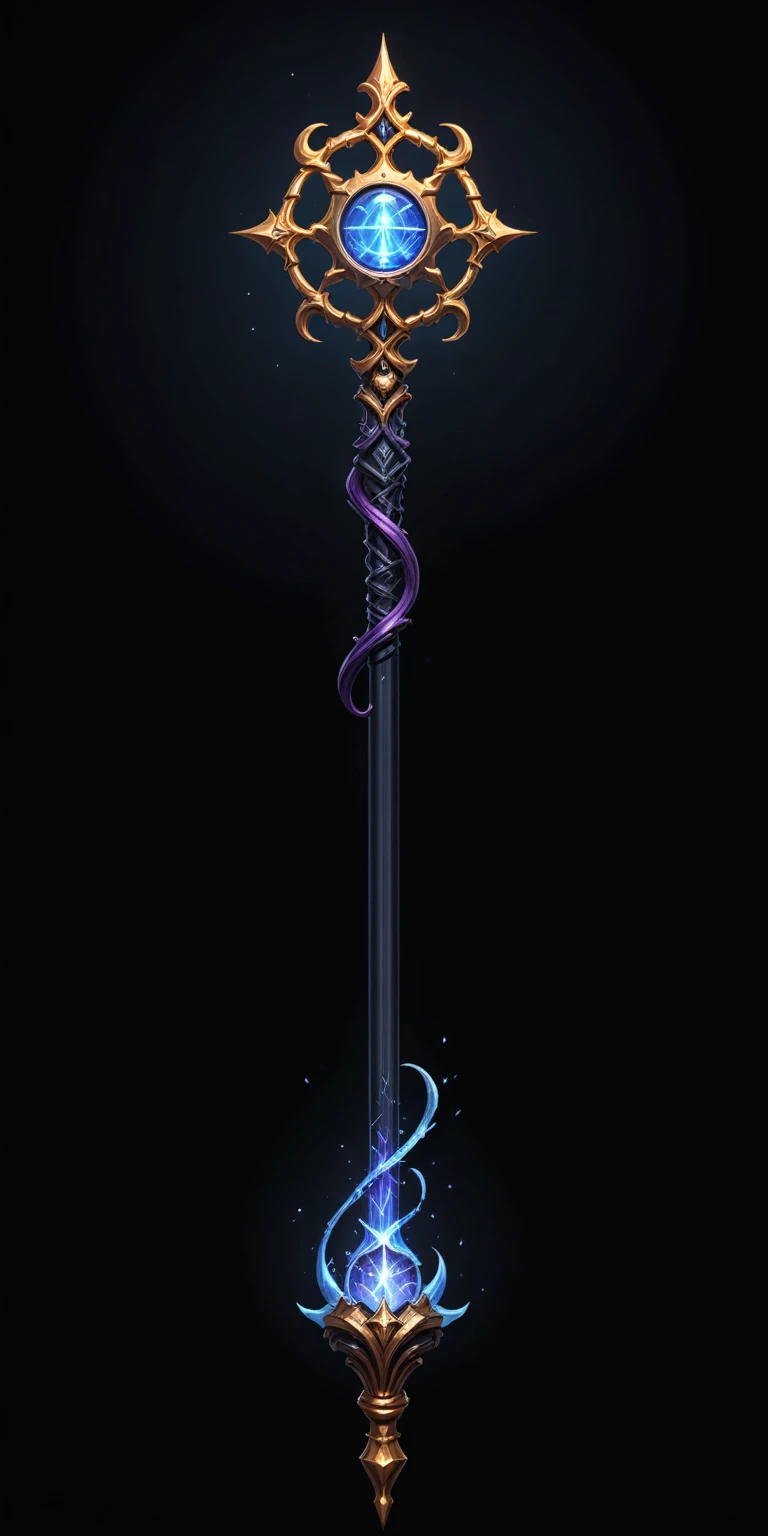 pixel art, cartoon illustration, Divine glavie greatstaff, Powerfull Magical theme, simple black background, RPG game icon 