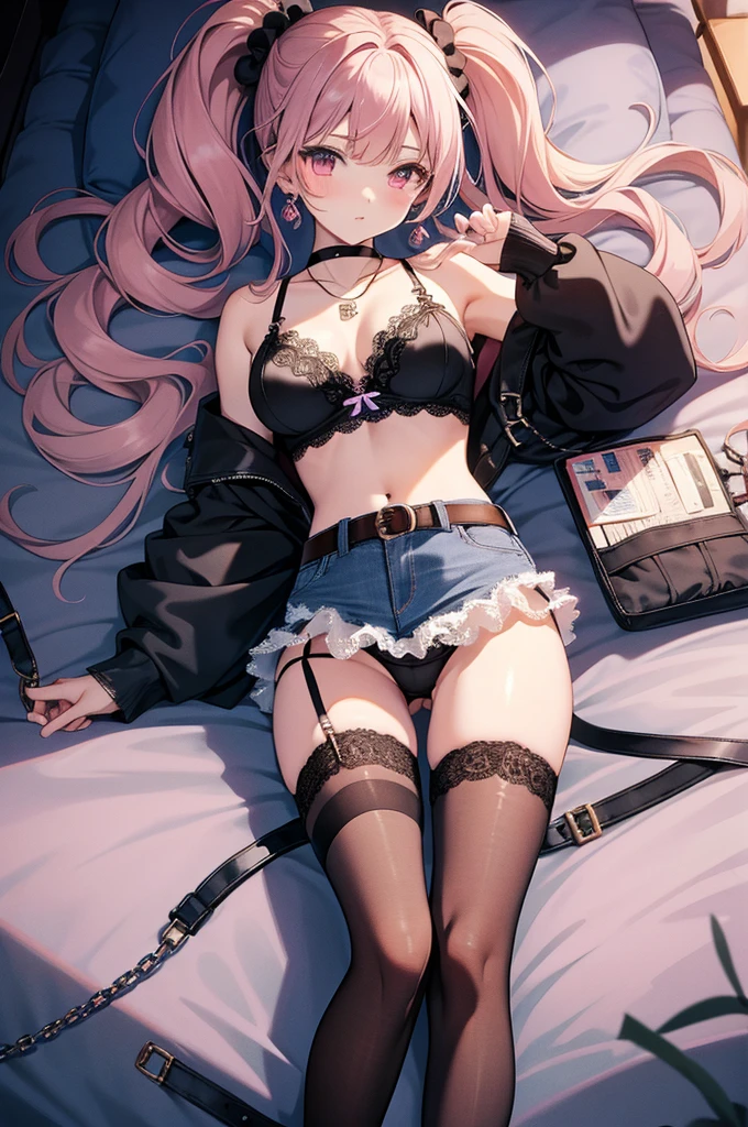 masterpiece, highest quality, pretty girl, 16 , Scrunchie hair ornament, Twin-tail denim pencil mini skirt, pantyhose, Leg belt, necklace, skinny , Pink and black bra,((showing off lace panties)),Handguns in both hands