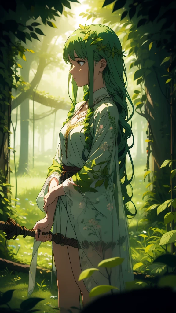 rendering of Luminia standing in a lush meadow face lit with warm sunlight and a gentle breeze rustling her long, curly green hair, with tendrils of vines and flowers wrapping around her arms and legs, wearing a flowing green cloak with leaves and petals embroidered on it, holding a staff emitting soft, pulsing light, surrounded by a ring of mushrooms, ferns, and wildflowers, slightly translucent with a soft glow emanating from within, soft focus, warm colors, earthy tones, idyllic scenery.