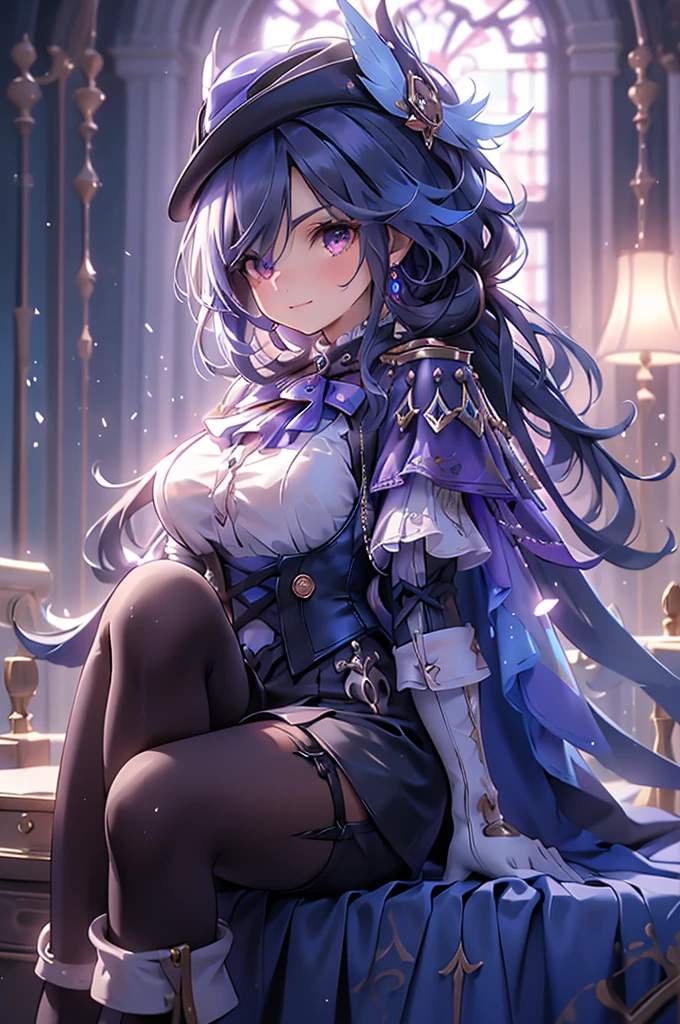 Side Angle、Cross your arms、Fearless smile、clorinde \(genshin impact\),1girl,solo,purple eyes,hat feather,tricorne,white gloves,low ponytail,blue cape,blue hair,epaulettes,black pantyhose,ascot,breasts,black skirt,corset,blue headwear,boots,leg garter,black corset,shirt,earrings,high heels,Sit in a chair in the office、Luxurious Western-style interior