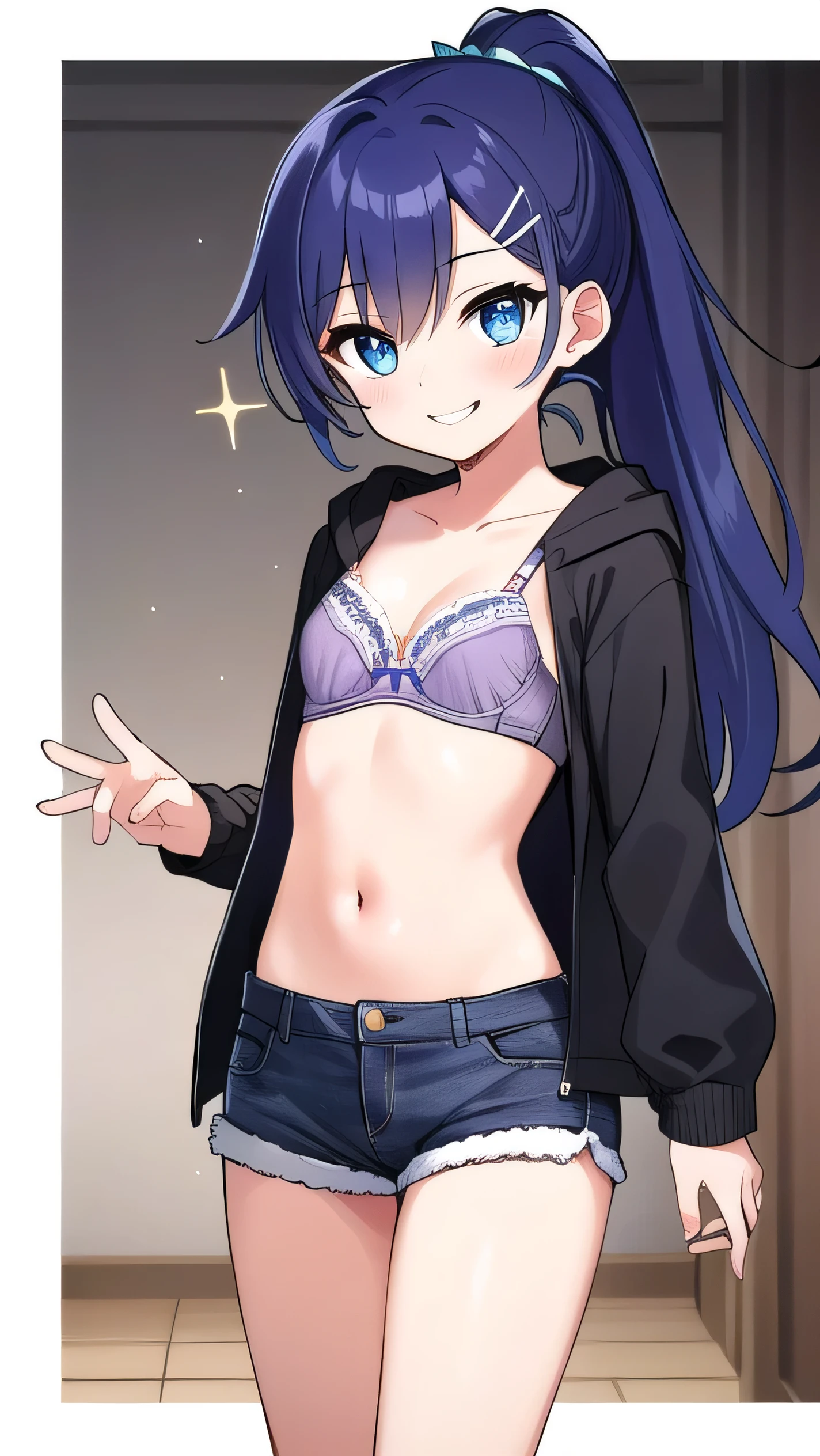 Blue-purple hair, dark blue eyes, long hair, ponytail, (hairpin:1.1), long-sleeved hoodie, ,small breasts，shorts, , 14 years old, short, sparkling eyes, confident, smiling a little There is，，(show off bra:1.5), 