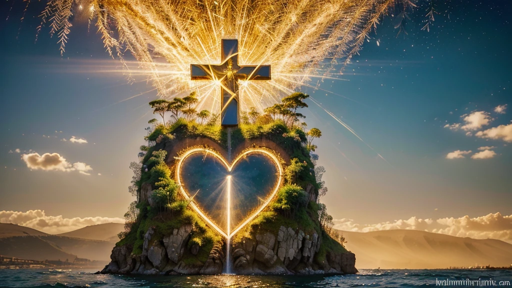 Create an inspirational image that embodies the teachings of Jesus Christ, emphasizing love, compassion, hope, and faith. Jesus should be the central figure, with a serene and welcoming expression, possibly extending his hand in a gesture of blessing or teaching a crowd. The background should feature a natural landscape that symbolizes divine creation, including options like mountains, rivers, flower fields, or the Sea of Galilee. Integrate symbolic elements such as a cross, the Bible, bread and fish (to represent the multiplication of loaves), or a heart symbolizing love. The color palette should consist of soft, earthy tones such as white, beige, light blue, green, and gold to convey peace and spirituality. Use light effectively to highlight Jesus or significant elements, creating a sense of divinity and enlightenment. Choose from realism for a detailed depiction, impressionism for a focus on light and color, or modern art for an abstract or symbolic interpretation.