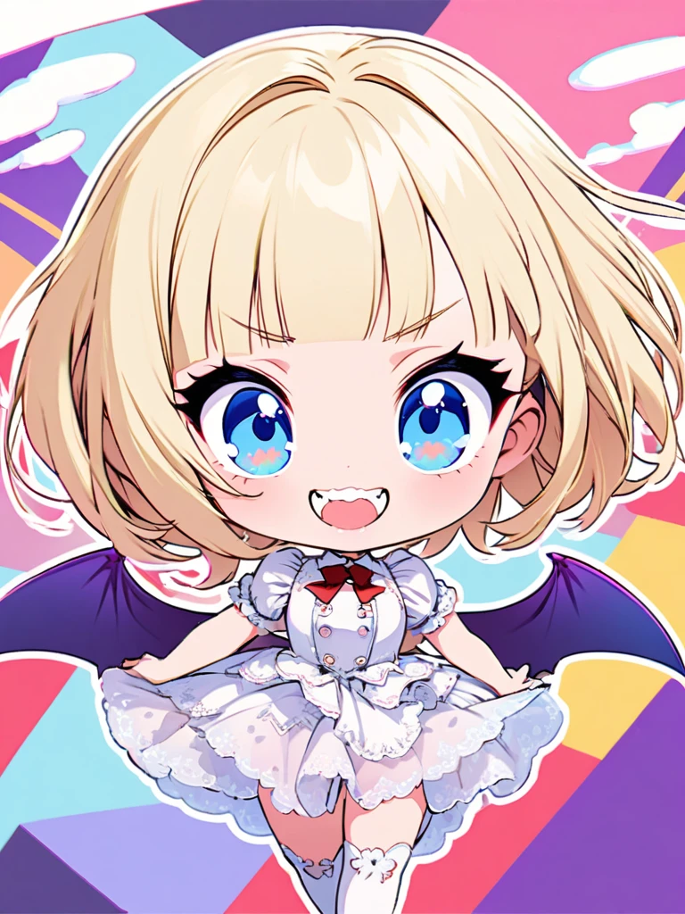 highest quality, Super quality, 16k, Incredibly absurd, Very detailed, delicate and dynamic, Cute and beautiful cute vampire, Big Blue Eyes, Grin, Short blonde bob cut with bangs, Captivating look, Excited expression, She is wearing a white dress with white lace and frills, White short boots, Best body shape, Big purple wings like a devil or a bat, Red glossy lips, Background of white clouds and pastel colored dots, Pop Art