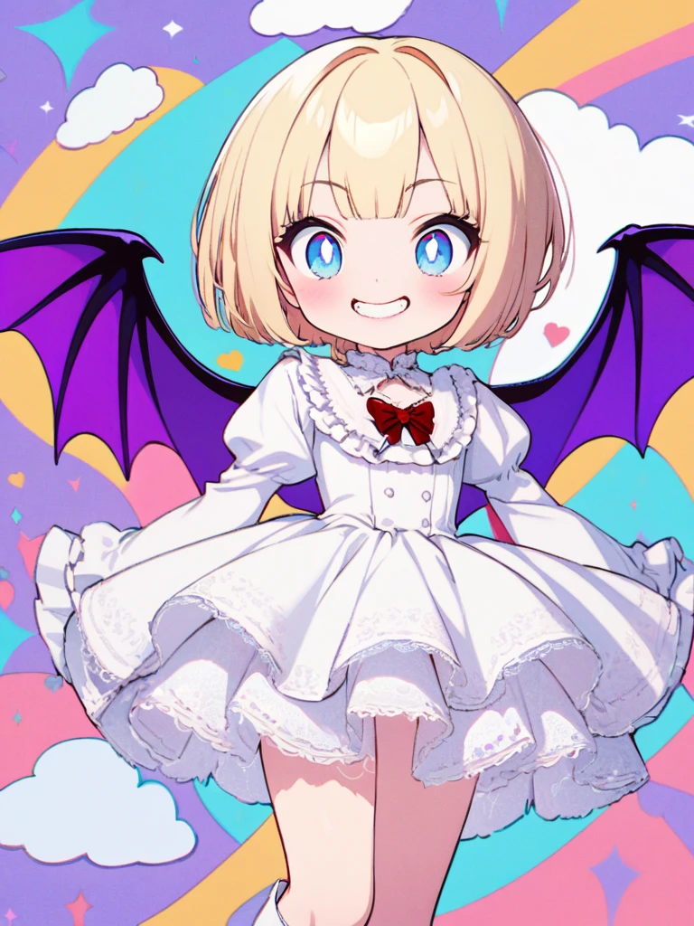 highest quality, Super quality, 16k, Incredibly absurd, Very detailed, delicate and dynamic, Cute and beautiful cute vampire, Big Blue Eyes, Grin, Short blonde bob cut with bangs, Captivating look, Excited expression, She is wearing a white dress with white lace and frills, White short boots, Best body shape, Big purple wings like a devil or a bat, Red glossy lips, Background of white clouds and pastel colored dots, Pop Art