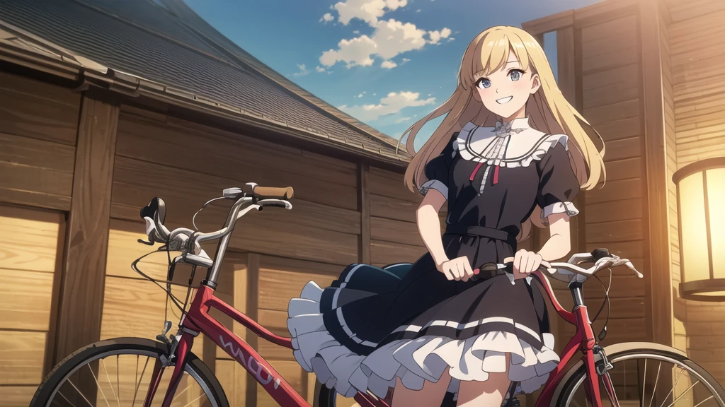 (In 8K, Ultra-high resolution, Best Quality, Masterpiece:1.2), (Realistic illustrations), (Highly Detailed CG Unity 8K Wallpaper), beautiful girl riding a bicycle, feminine dress with frills, smile, Detailed teeth, はにかんだsmile, Nostalgic vintage style animation, 80&#39;s, cassette tape