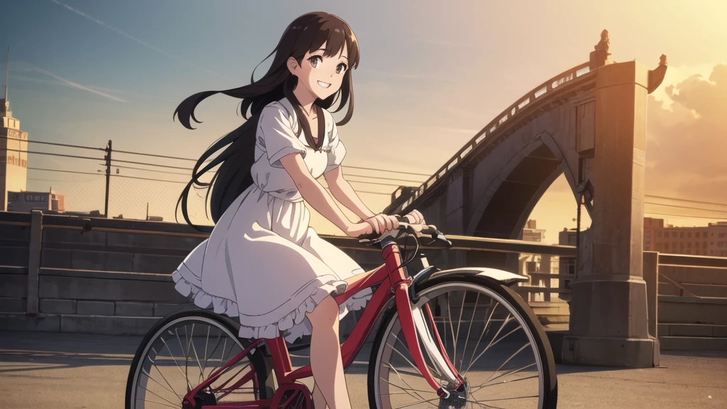 (In 8K, Ultra-high resolution, Best Quality, Masterpiece:1.2), (Realistic illustrations), (Highly Detailed CG Unity 8K Wallpaper), beautiful girl riding a bicycle, feminine dress with frills, smile, Detailed teeth, はにかんだsmile, Nostalgic vintage style animation, 80's, cassette tape