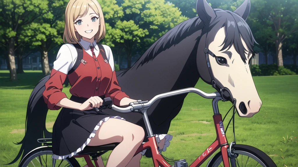 (In 8K, Ultra-high resolution, Best Quality, Masterpiece:1.2), (Realistic illustrations), (Highly Detailed CG Unity 8K Wallpaper), beautiful girl riding a bicycle, feminine dress with frills, smile, Detailed teeth, はにかんだsmile, Nostalgic vintage style animation, 80&#39;s, cassette tape
