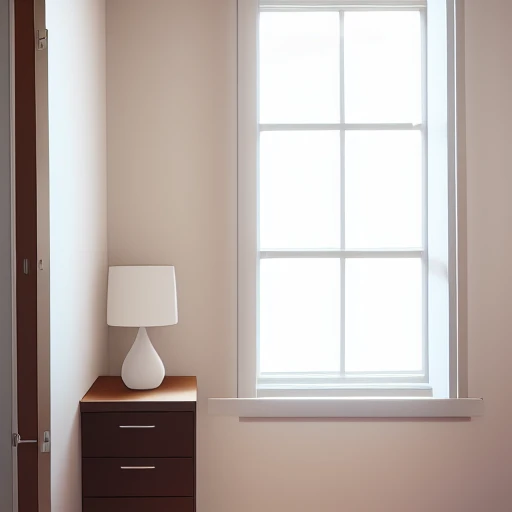View from inside next to the door. A plain bedroom and next to it a window. Outside the window is white lighting shines. Perfect illumination.