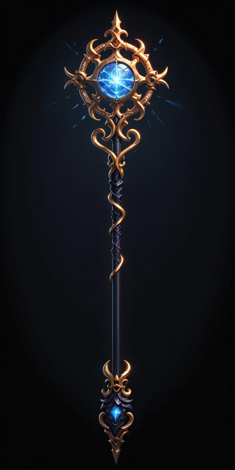 pixel art, cartoon illustration, Divine glavie greatstaff, Powerfull Magical theme, simple black background, RPG game icon 