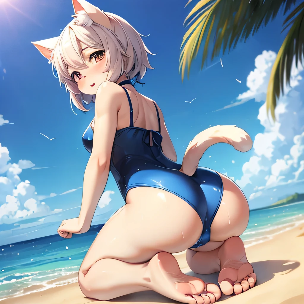 Cute anime catgirl in a blue swimsuit, Kneeling on the sunny beach, Soaked, Body dripping, Cat-like pads on hands and feet, There are a lot of water droplets on the body, Kneeling, an anime drawing by Puru, pixiv, furry art, Lift your butt, sfw version, from below, Rear view, UHD, masterpiece, anatomically correct, textured skin, super detail, high details, high quality, best quality, highres, 8k