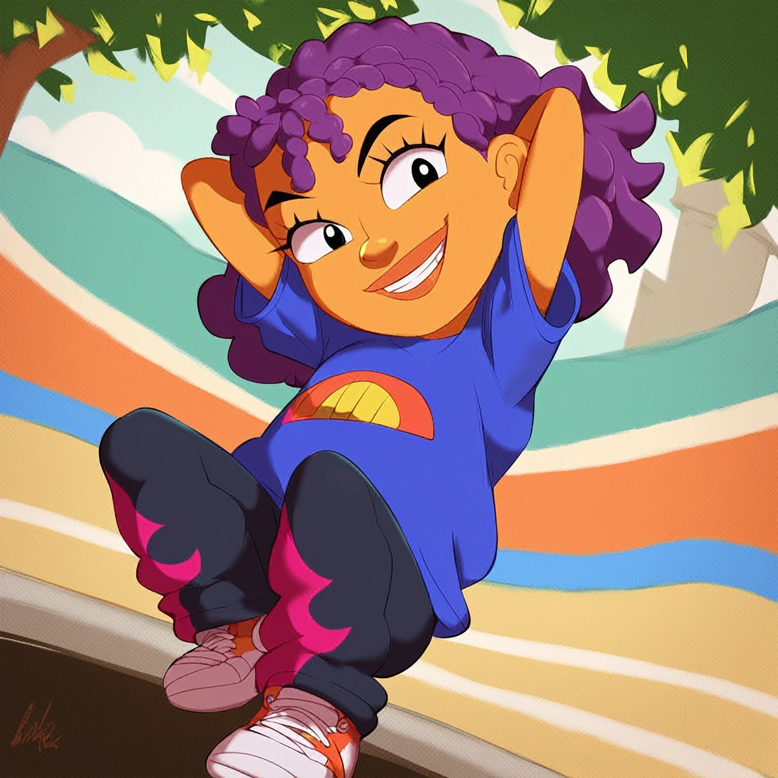score_8_up, score_9, 1girl, Reggie, purple hair, outdoors, hands behind head, blue t-shirt, csmo pants, sneakers, posing , smiling, looking on viewer, shows middle finger,