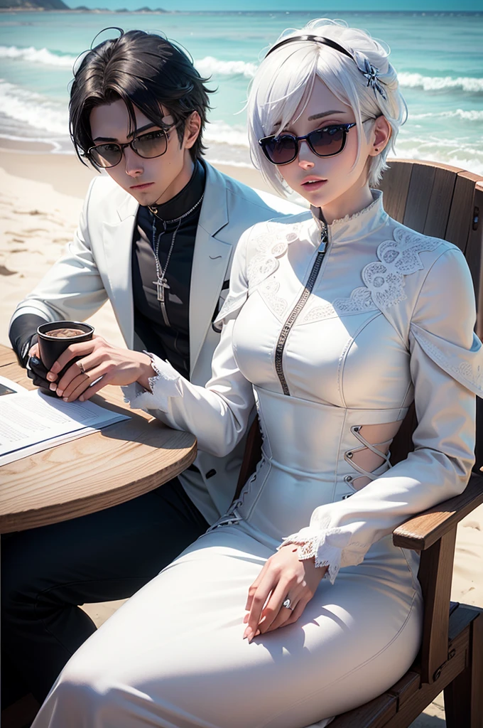 anime character with a young man, short white hair and a white jacket, a black zipper collar shirt, a black cyberpunk pants, anime handsome man, sunglasses, blue eyes, glowing eyes, royal styled, male anime character, sitting together with a young woman, a beautiful ice goddess, good face, happy face, short hair, realistic eyes, ice magician, ice elemental, intricate design and details, detailed dress, (white dress:1.5), sit in a chair facing the sea, cold drinks are on the table, the beach background, (day), smirk, cowboy shot, dynamic lighting,
