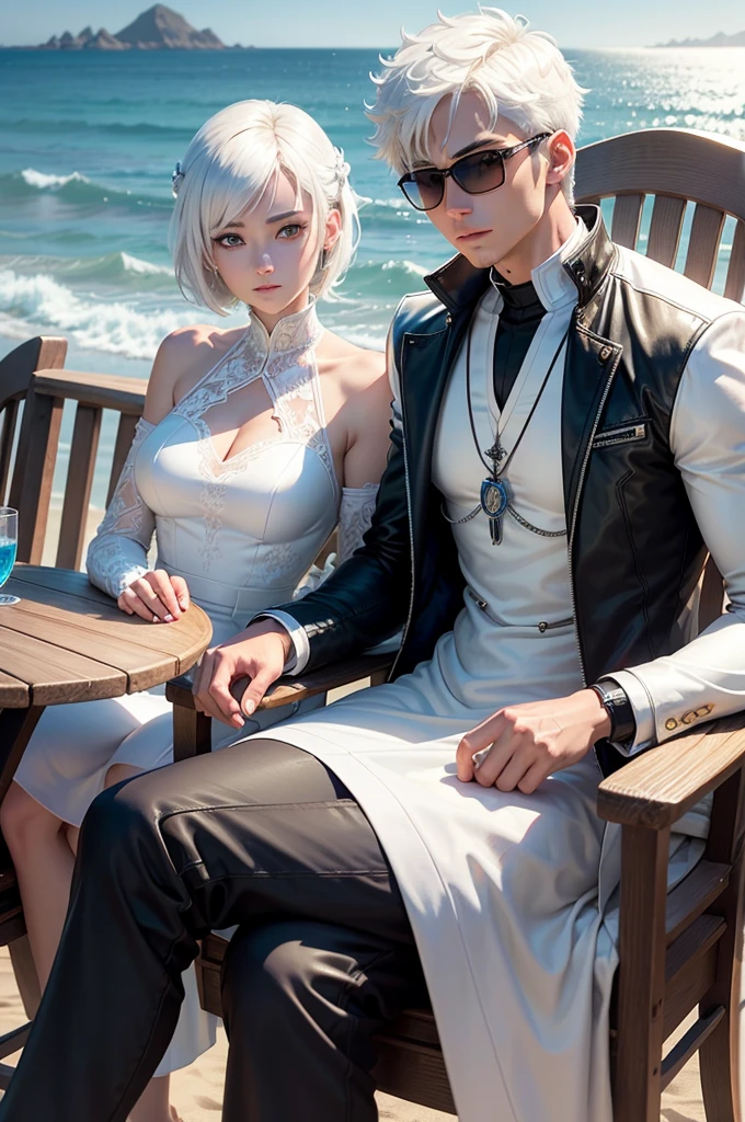 anime character with a young man, short white hair and a white jacket, a black zipper collar shirt, a black cyberpunk pants, anime handsome man, sunglasses, blue eyes, glowing eyes, royal styled, male anime character, sitting together with a young woman, a beautiful ice goddess, good face, happy face, short hair, realistic eyes, ice magician, ice elemental, intricate design and details, detailed dress, (white dress:1.5), sit in a chair facing the sea, cold drinks are on the table, the beach background, (day), smirk, cowboy shot, dynamic lighting,
