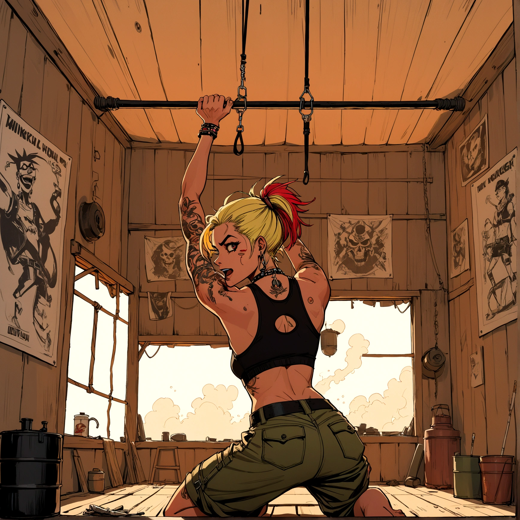 illustrate minimal rough-sketch unfinished expressive ink figure, Tank Girl (Jamie Hewlett) coloring art style and aesthetics, view from behind Tank Girl doing pull ups nearly touching the ceiling, intricate accurate precise detail of back musculature engaging and tensing during the workout, background quonset hut interior, face turned to the side, sly smile, hand rolled cigarette in mouth, intense, splash panel, cinematic, shifting perspective, dynamic wide dutch angle, ember glow subtle smoke, harsh ink lines, grit, rough sketch aesthetics, punk rock aesthetics and personality, sense of depth, shading, shadows, tank resting in hut
