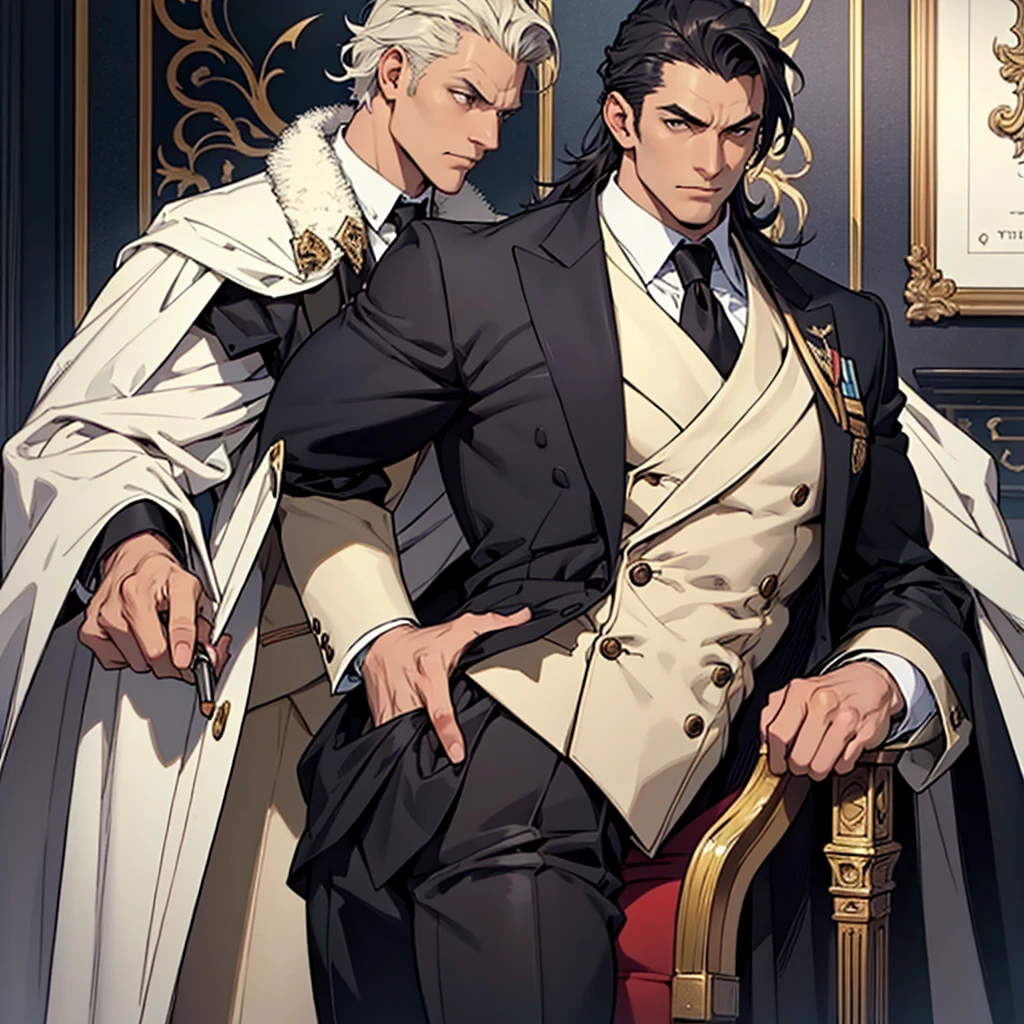Big body, Man
1. Attire.
- The figure is wearing a white double-breasted suit with a dark tie and a vest underneath. The suit is adorned with several buttons, and the overall appearance is very sharp and formal.
- Over the suit, the figure has a large, dark fur-trimmed cape draped over the shoulders, adding a sense of grandeur and authority to the appearance.
- The figure's right arm is holding a cane or a staff, indicating a possible sense of authority or power.
2. Pose.
- The figure stands confidently with the left arm slightly bent and the hand resting on the hip, while the right arm holds the cane firmly.
- The posture is upright and commanding, suggesting confidence and control.
3. Face and Head.
- The head and face of the figure are not visible; they are shrouded in darkness or simply not drawn, which adds an element of mystery to the character.
4. Details.
- The fur trim on the cape is detailed and appears luxurious, indicating high status or wealth.
- The suit is well-fitted and meticulously designed, reinforcing the impression of a powerful and wealthy individual.
5. Body.
- Big body, a mobster Man