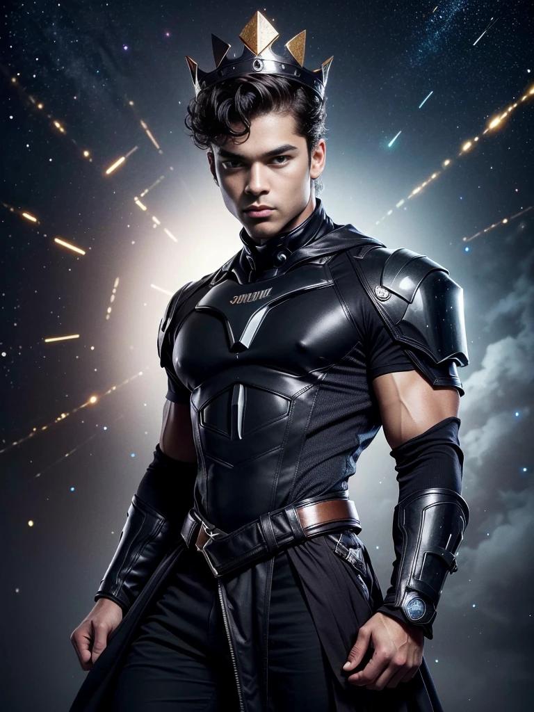 Photorealistic, twins, ((best quality)), ((masterpiece)), (detailed),masculine portrait of youngt futuristic prince, 18-year-old male models, handsome, tall, cute looking, evil look, dark look, powerful, young male, handsome model, clean shave, silver eyes. (short curly messy brown hair:1.2), messy curly hair, super strong, muscular, fit, massive muscles, six pack, shirtless, barechested, muscle, ripped, strong body, fit body, (dark evil masculine crown:1.4), futuristic small skirt, (futuristic draped cloth skirt), out space, galaxies, stars and planets in the background, (Dark background:1.6) constellations, galaxies, 8k, high detailed, ultra-detailed, Stylish Pose, real skin texture, dark cinematic lighting, outerspace, constellation, galaxies, stars in the background