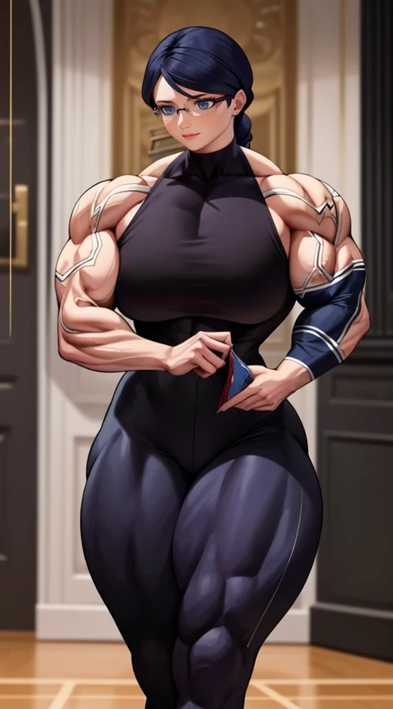 a big muscular female bodybuilder, extremely detailed muscular female bodybuilder, highly detailed bodybuilder, detailed athletic female bodybuilder, hyper realistic bodybuilder, photorealistic muscular female bodybuilder, ultra detailed bodybuilder, hyper detailed female bodybuilder, realistic bodybuilder, (best quality,8k,highres,masterpiece:1.2),ultra-detailed,(realistic,photorealistic,photo-realistic:1.37),dramatic lighting,vivid colors,heroic pose,powerful expression,athletic,ripped muscles,lean physique,defined abs,veiny muscular arms,muscular thighs,muscular legs,fitness,bodybuilding,strong,powerful,fierce,determined,dramatic,epic,inspiringCreate a detailed illustration of Natalie Sancoeur from 'Miraculous Ladybug.' She is depicted in her usual professional attire, with a stern and composed expression. The background should be set in the Agreste mansion, showcasing elements like elegant furniture and a grand staircase, reflecting the opulent setting. Emphasize her poised and meticulous nature, highlighting her distinctive glasses and neatly tied hair. The overall mood should be serious and sophisticated, capturing her role as a competent and loyal assistant,muscle are being shown in suity and pants,looking at viewer's.