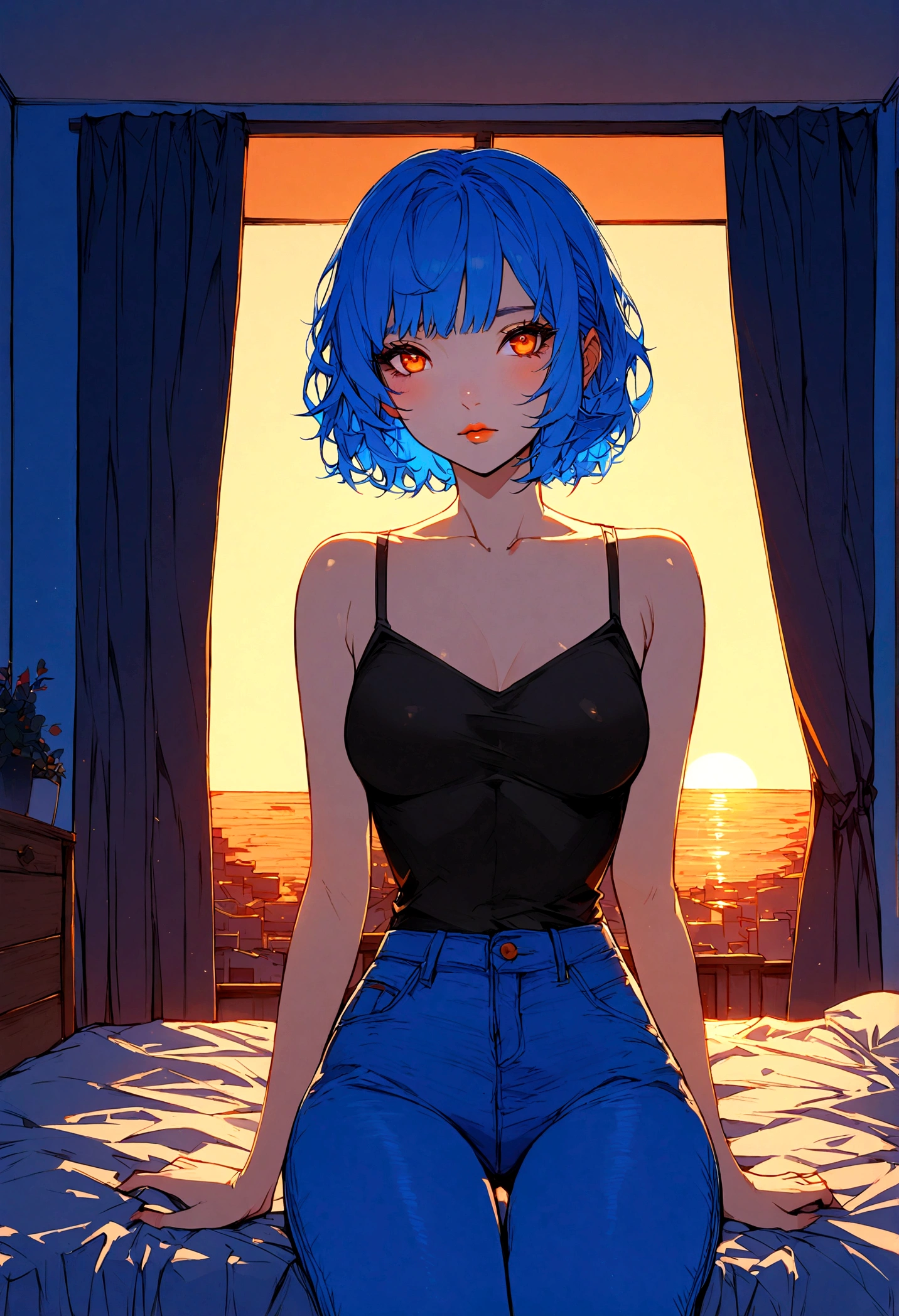 1girl, solo, blue hair, short hair, orange eyes, black top, blue jeans, sitting in her room, bed, in a sunset, master