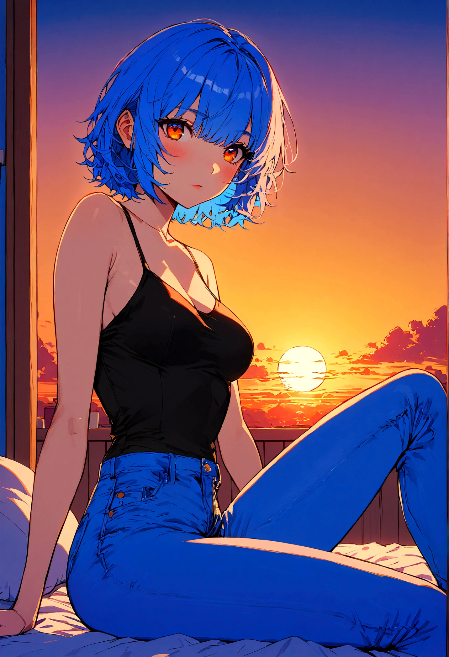 1girl, solo, blue hair, short hair, orange eyes, black top, blue jeans, sitting in her room, bed, in a sunset, master